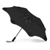 A black UV umbrella with a sleek design and a sturdy handle, featuring a logo on the canopy.