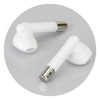 A white wireless earbud set with metallic accents, featuring a sleek design and smooth finish.