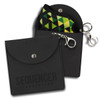 A black key ring pouch with a patterned inner lining and a clip attachment. Features a logo on the front.
