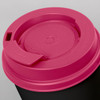 A drink bottle with a black body and a pink lid featuring a logo and a slide opening for sipping.