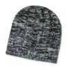 A black and grey knit beanie with a textured pattern and a small logo.