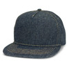A denim flat peak cap in dark blue with contrasting stitching and a structured design, featuring a logo.