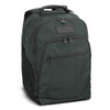 A green backpack with a textured surface, featuring multiple zippered compartments and a branded logo.