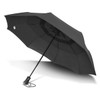 A black Metropolitan umbrella with a sturdy frame and a handle, featuring a logo on the handle.