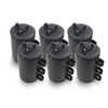 A set of six black weighted bags with screw-top caps and multiple handles for easy handling.