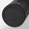 A drink bottle in matte black with a stainless steel bottom, featuring a logo on its underside.