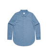 A blue denim button-up shirt with a classic collar and long sleeves, featuring a logo.