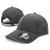 A black cap with a curved brim and a logo on the front. The back features an adjustable strap.