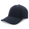 A dark navy cap with a curved brim and contrasting stitching, featuring a logo on the front.
