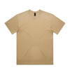 A plain beige t-shirt with a round neck and short sleeves, featuring a logo at the collar.
