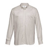 A button-up shirt in a check pattern with light beige and brown colours. Features a collar and long sleeves.