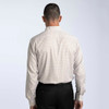 A men's button-up shirt in a check pattern, featuring long sleeves and a collar, viewed from the back.