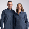 A men's and women's button-up shirt in navy blue, featuring an integrated logo.