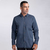 A men's button-up shirt in navy blue with a chest pocket and a branding logo, featuring a classic collar.