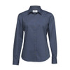 A women's button-up shirt in navy blue, featuring a collared neck and a branded logo.