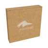 A brown cardboard box featuring a logo on the front, suitable for packaging a product.
