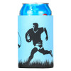 A blue neoprene stubby holder features a silhouette of a rugby player and has a can inside.
