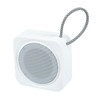 A compact white speaker with a textured black and white handle, featuring a circular grille for sound output.