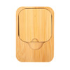 A bamboo charger set with a sleek design, featuring a rounded edge and a small cutout for access.