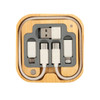 A bamboo charger set featuring multiple charging cables in grey and white, neatly organized in a compact design.
