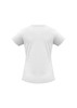 A white women's short sleeve tee with a fitted design and a logo on the back.