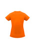 An orange women's short sleeve tee featuring a fitted design and a logo on the back.