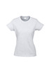 A light grey women's short sleeve tee with a fitted design and a logo on the label.