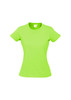 A bright green women's short sleeve tee with a fitted design, featuring a logo on the chest area.