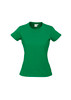 A short sleeve tee in vibrant green, featuring a fitted design and a label inside. The shirt has a logo but no text.