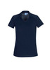 A navy women's polo shirt with short sleeves and a v-neck design, featuring a logo on the collar.