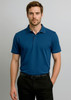 A short-sleeve polo shirt in navy blue, featuring a collar and a logo, worn by a man against a grey background.