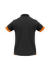 A black women's polo shirt with orange detailing on the sleeves and collar, featuring a logo.