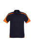 A navy and orange short sleeve polo shirt with a collar and branding on the chest.