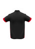 A black polo shirt with red sleeves, featuring a collar and a logo on the back.