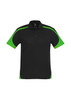 A black polo shirt with green accents on the sleeves and sides, featuring a logo.