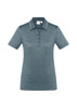 A women's short sleeve polo shirt in a dark teal colour with a collar and a button placket. Branding is visible.