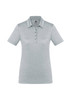 A light grey women's short sleeve polo shirt with a collar and a logo on the chest area.