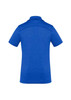 A blue women's short sleeve polo with a classic collar and a branding logo on the back.