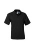 A black short sleeve polo shirt with a collar and a logo on the chest area.