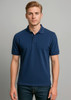 A navy blue short sleeve polo shirt for men with a classic collar and a logo.