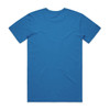 A blue T-shirt with short sleeves and a plain back, featuring a logo.