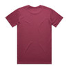 A maroon T-shirt with short sleeves, featuring a tagless back and no other visible design elements.