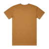 A plain, mustard-coloured T-shirt featuring short sleeves and a back view. The shirt includes a logo.