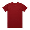 A red T-shirt with a plain back and short sleeves, featuring a logo on the label area.
