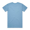 A light blue T-shirt with short sleeves and a plain back. It features a logo at the neckline.