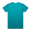 A turquoise T-shirt with a simple design, featuring a logo on the back.