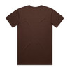 A brown T-shirt featuring a plain back and short sleeves, with a branding logo.