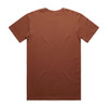 A brown T-shirt with short sleeves and a round neckline, featuring a logo on the back.