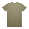 A plain olive green t-shirt with short sleeves and a round neckline, featuring a logo on the back.