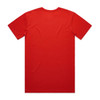 A plain red T-shirt with a classic crew neckline and short sleeves, featuring a logo on the back.